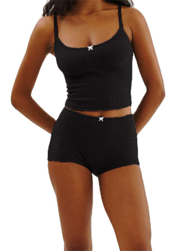 CHRONSTYLE-Conjunto de 2 piezas para mujer, camisola Sexy con tirantes y lazo, Tops cortos, pantalones cortos elásticos de cintura alta, ropa de calle informal de verano 2023