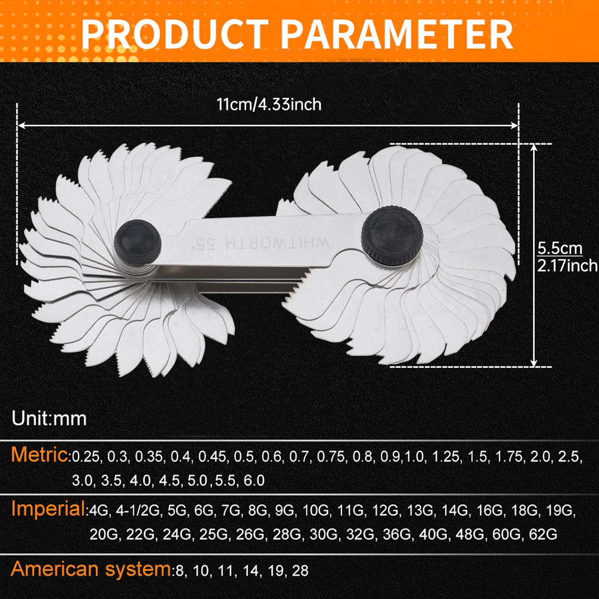 Metric Imperial 58pcs Blade US Screw Gauge SAE Whitworth 55 Degree and Metrisch 60 Degree Thread Pitch Gauge for Measuring Tool
