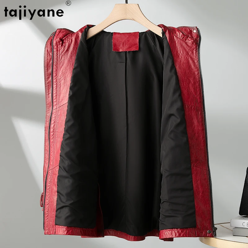 Tajiyane-jaqueta de pele de carneiro comprimento médio para mulheres, couro 100% real, moda vintage, outono e inverno