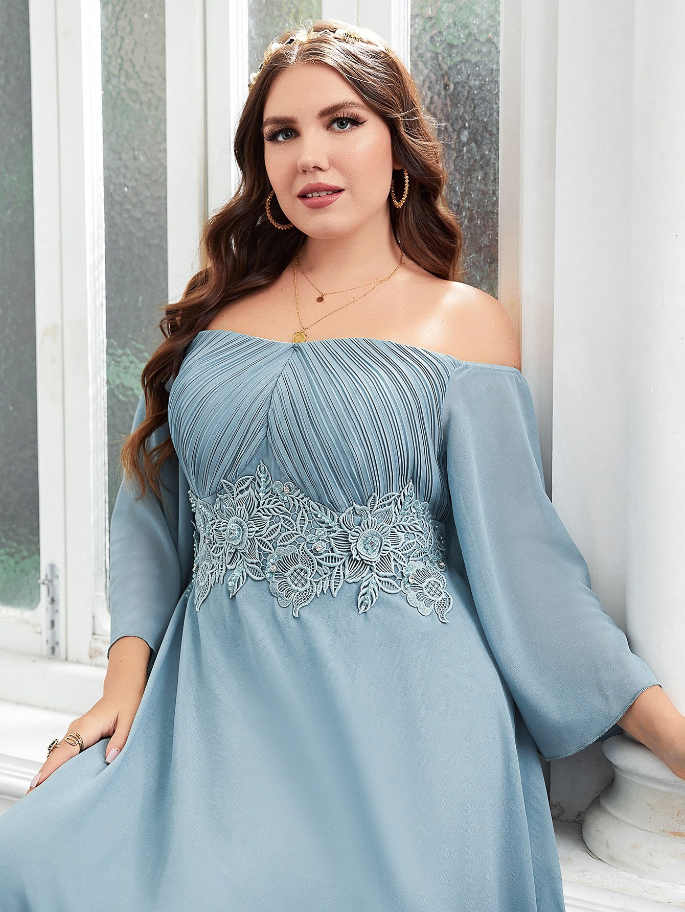 Plus Size Hochzeitsgastkleider Damen Trägerlos Applikation Langarm Elegante Partykleider Mode Einfarbiges Abendkleid