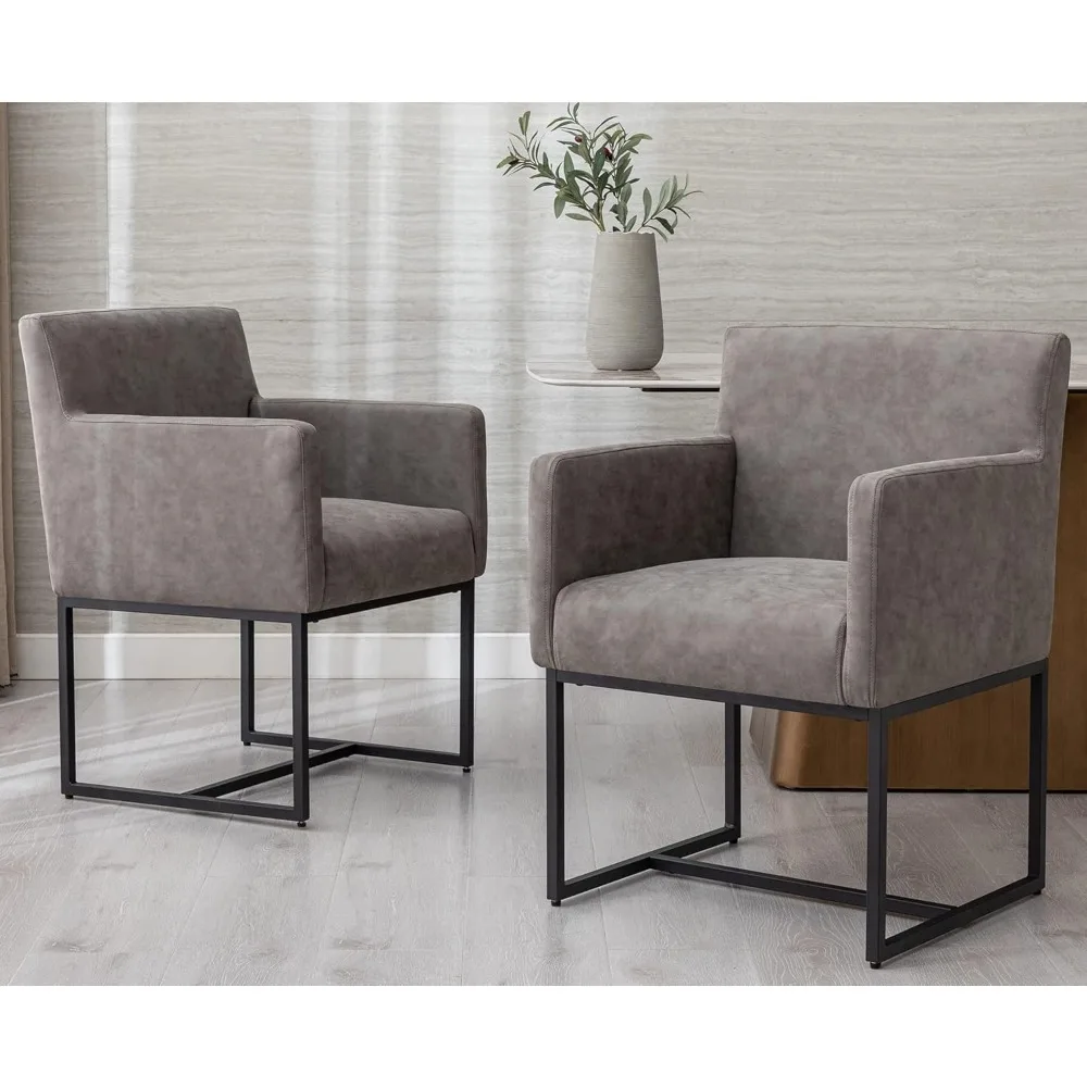 Faux Leather Upholstered Dining Chairs with Arms Set of 2, Mid Century Modern Padded Kitchen Chair with Black Metal Frame