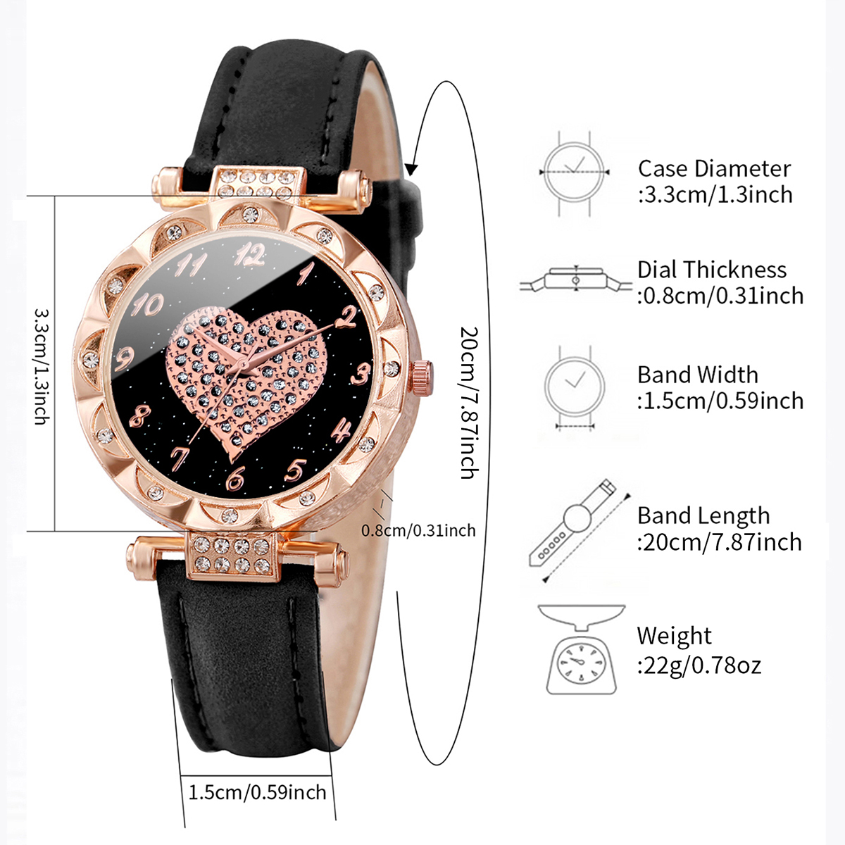 3 pçs relógios femininos moda strass coração dial relógio de quartzo feminino pulseira de couro relógios de pulso conjunto (sem caixa)
