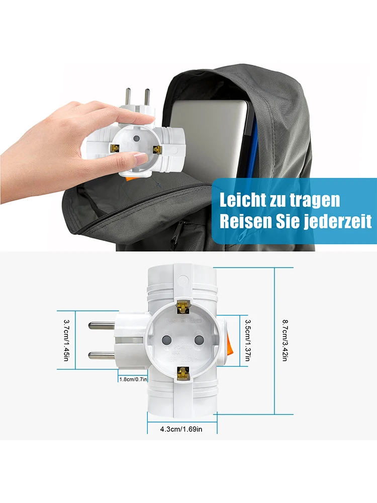1PC dubbele stekker stopcontactverlenger met schakelaar, 1 tot 3-weg EU-stekkeradapter Duitse standaard meerdere stopcontacten voor thuis