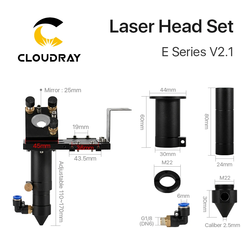 Cloudray E Series: ชุดหัวเลเซอร์ CO2 + เลนส์โฟกัส 1 ชิ้น + กระจกสะท้อนแสง 3 ชิ้นสําหรับชิ้นส่วนเครื่องจักรตัดแกะสลัก