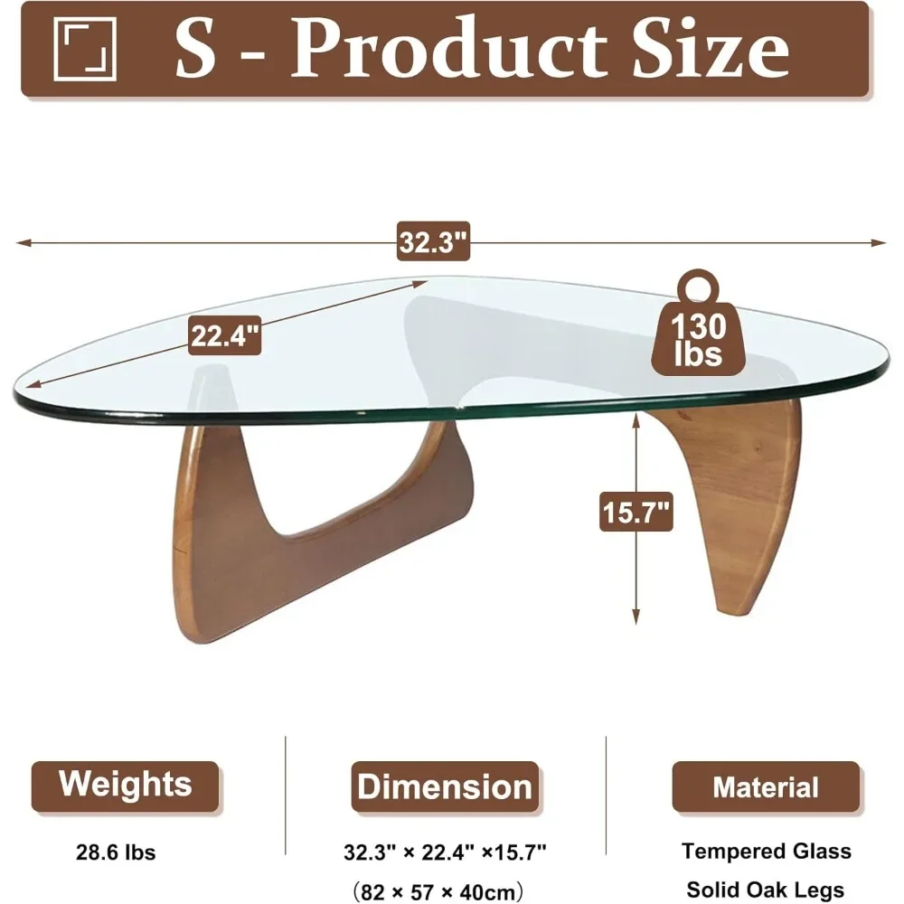 Mesa de centro para sala de estar, mesa de centro de vidrio triangular con base de madera, mesa auxiliar abstracta moderna medieval