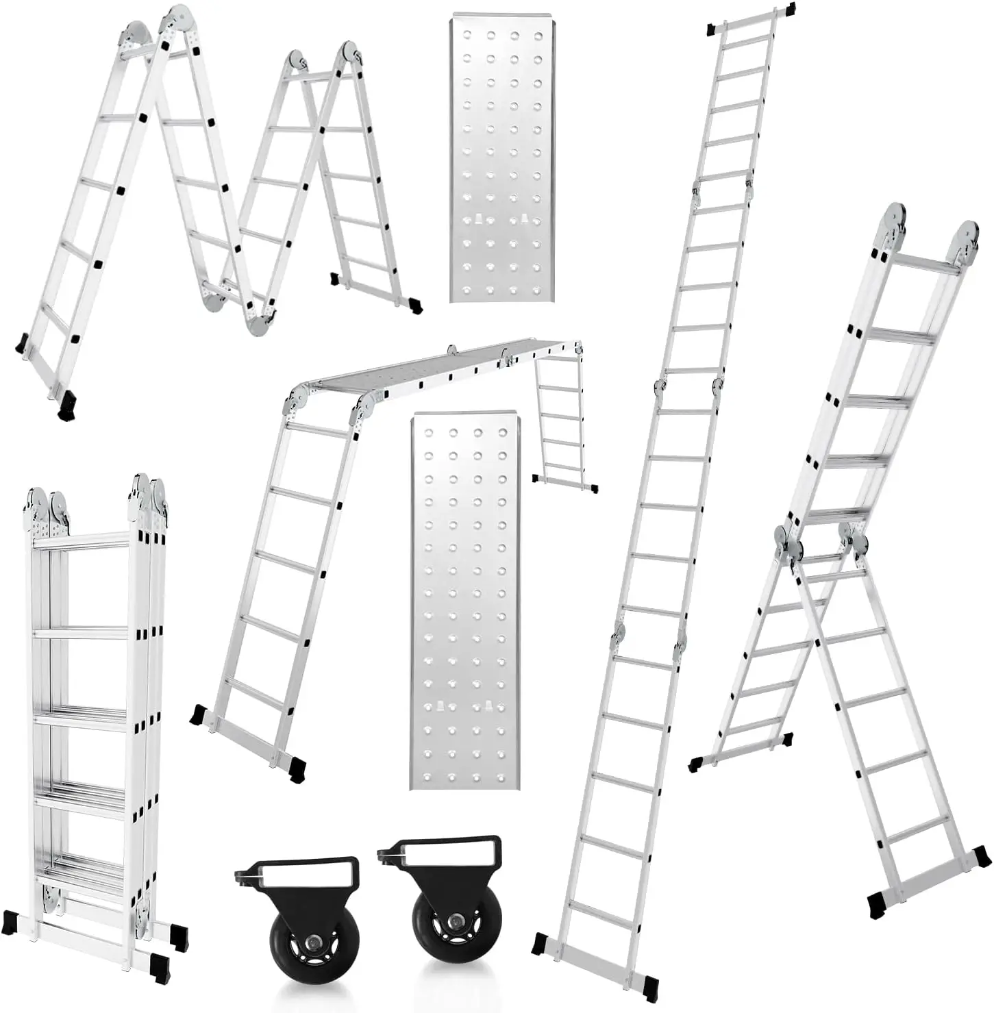 Escalera Multiusos 4 x 5, 7 en 1, 582 cm, Aluminio, Plegable, con 2 Plataformas y Ruedas, Carga máxima 150 kg, Escalera multifu