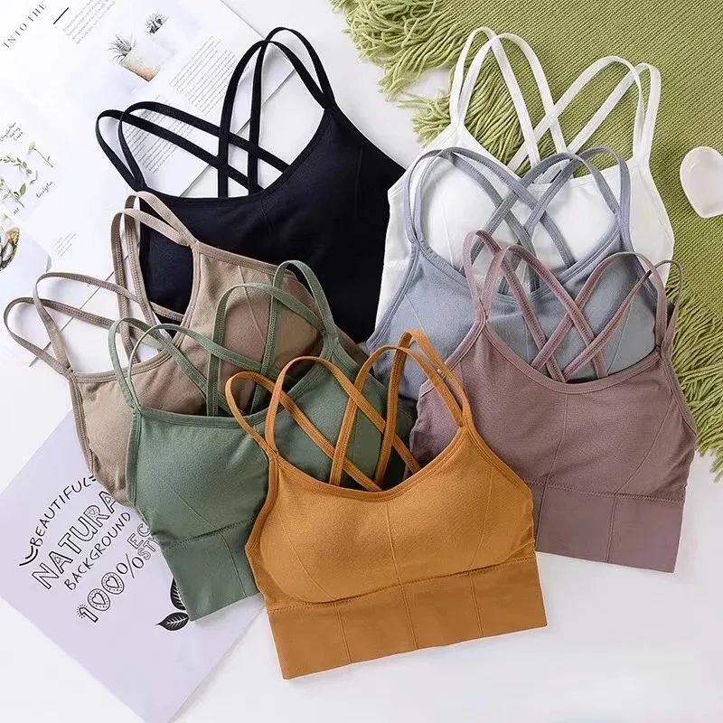 ผู้หญิงเซ็กซี่เสื้อกลับสายคล้องคอ tank top push up วิ่งกีฬา bra breathable soft ฟิตเนสความงามสีทึบ yoga bra