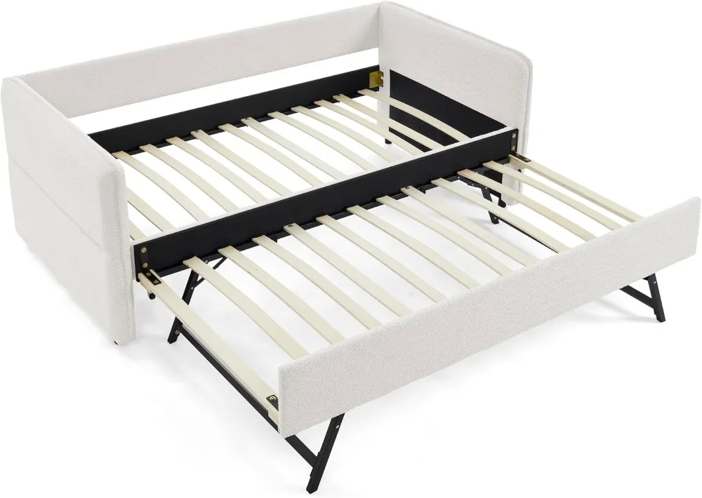 Upholstered Daybed with Pop Up Trundle, Twin to King Daybed with Trundle, Modern Extendable Day Bed Frame for Kids Teens