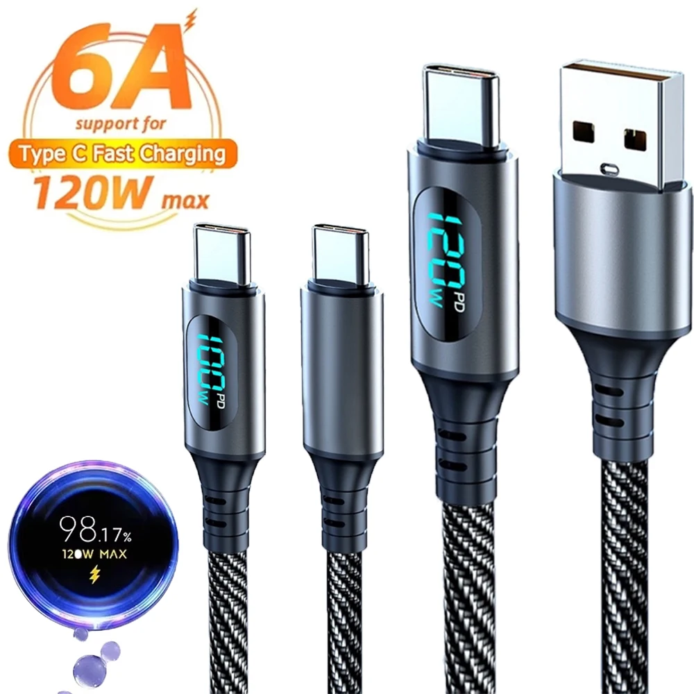 Cavo di ricarica super veloce da USB A a tipo C 6A 120W con display digitale a LED per cavo dati intrecciato in nylon Xiaomi Redmi POCO Samsung