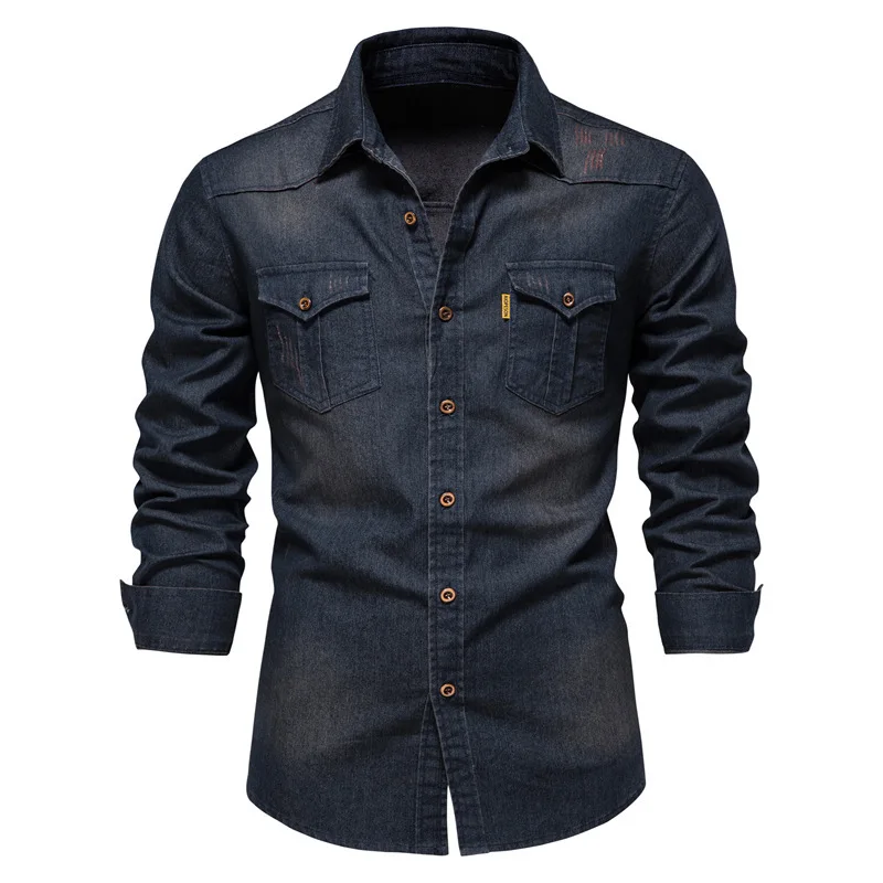 Camisa de mezclilla de algodón elástico para hombre, camisas de manga larga con bolsillo de Color sólido, ropa de diseñador ajustada informal, alta calidad