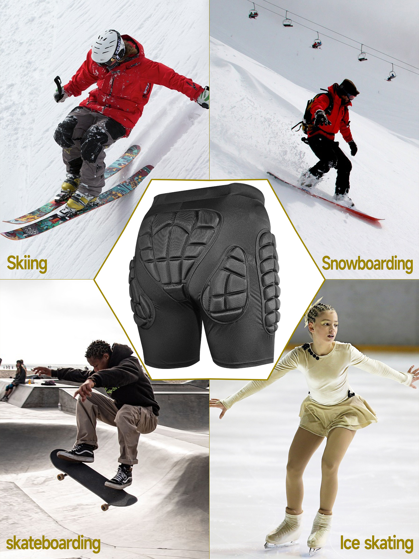 AVIVOR Pads Shorts Pantalones cortos de protección 3D para snowboard y esquí Almohadilla de protección de cadera deportiva unisex
