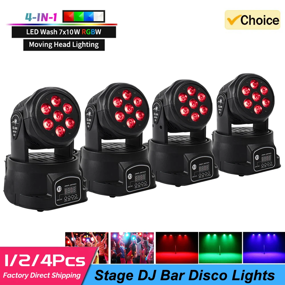 Luzes de cabeça móvel com feixe de led, 7x10w, rgbw, palco profissional, dmx512 canais, festas de discoteca, show, dj, luzes estroboscópicas de palco, dança
