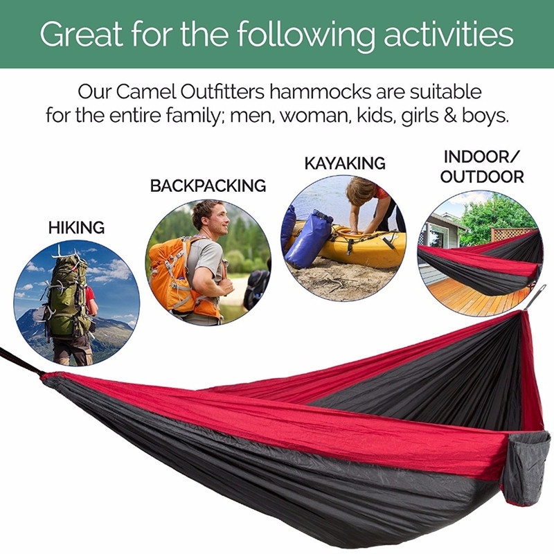 Hammock Parachute com alças e mosquetão preto, Camping, Sobrevivência, Viagem, Pessoa dupla, Mobiliário de exterior, Monocromático