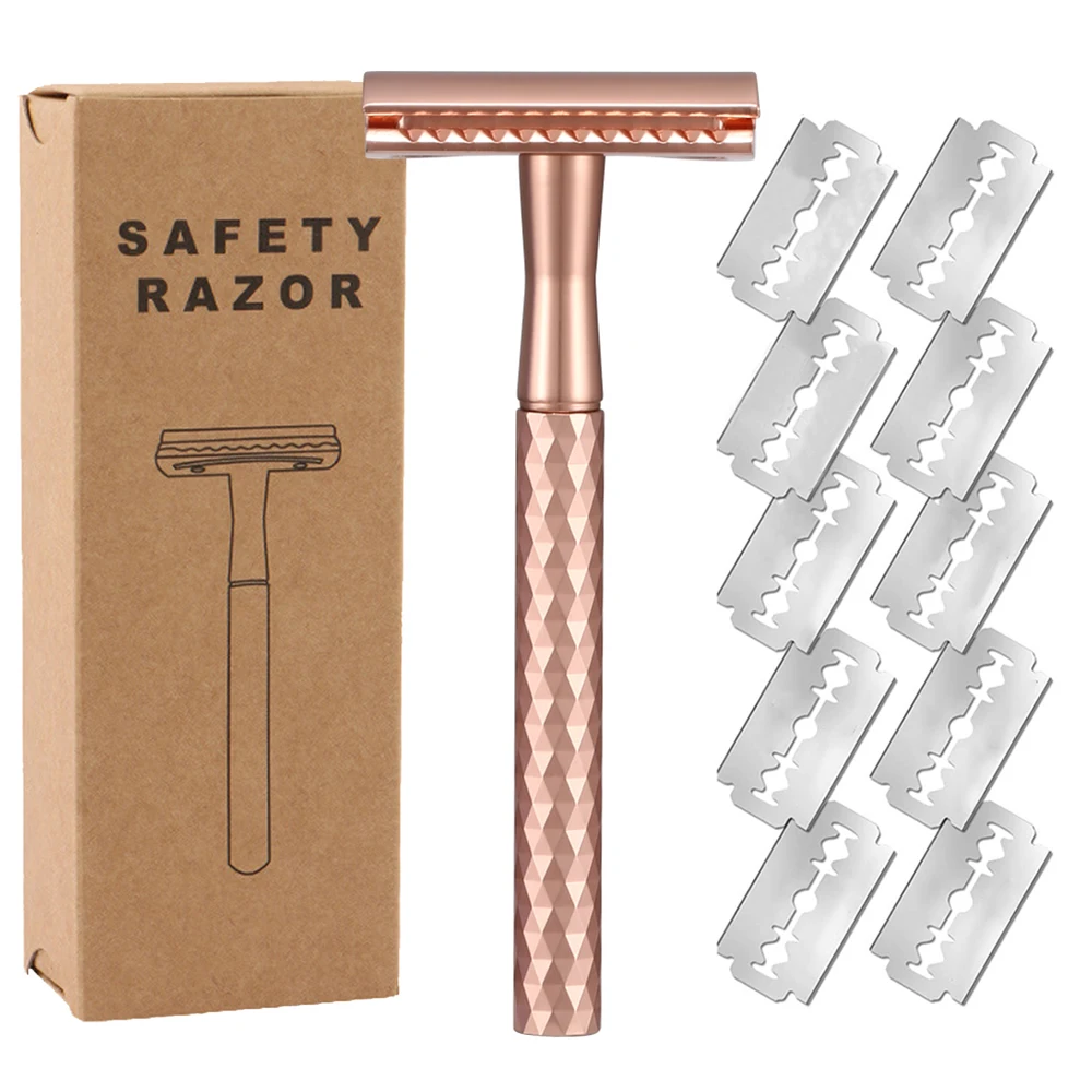 Maquinilla de afeitar de seguridad con mango ponderado de acero inoxidable y 10 recambios de cuchilla de seguridad de doble filo, maquinilla de afeitar de una sola hoja para hombres