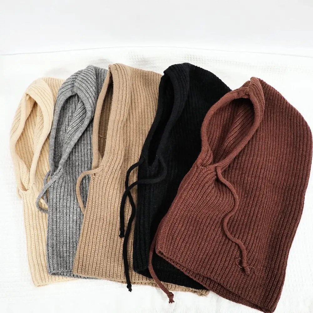 Gorros de pasamontañas para mujer, gorros tejidos con capucha, gorros con cordón más cálidos de estilo coreano para invierno, gorros con cuello de una pieza