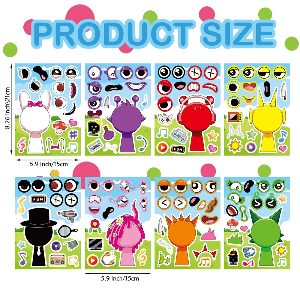 8/16 แผ่นอะนิเมะ Sprunki ตลกปริศนาสติกเกอร์ Make a Face Decals เกมของเล่นเด็กการ์ตูนประกอบจิ๊กซอว์เด็กของขวัญ