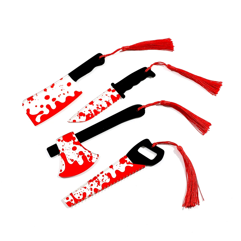 1 segnalibro in acrilico trasparente con coltello horror con nappa, serie a tema Halloween Chopper Saw con sangue, Halloween per tormi