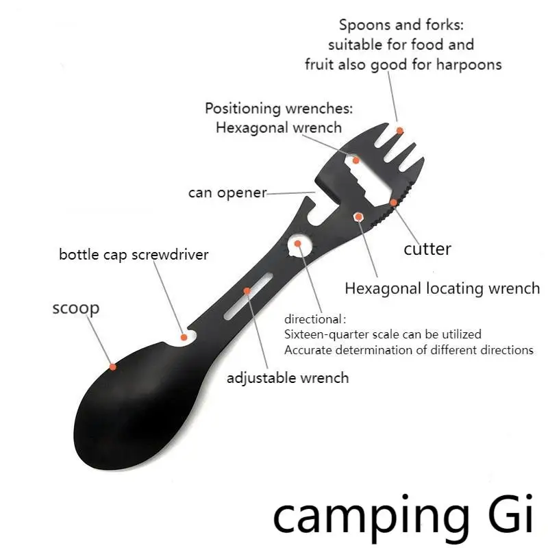 10-in-1Multifunctional นกหวีดกลางแจ้งแคมป์ปิ้งส้อมเอาชีวิตรอดอเนกประสงค์ครัวประแจที่เปิดขวดช้อนตั้งแคมป์ GI