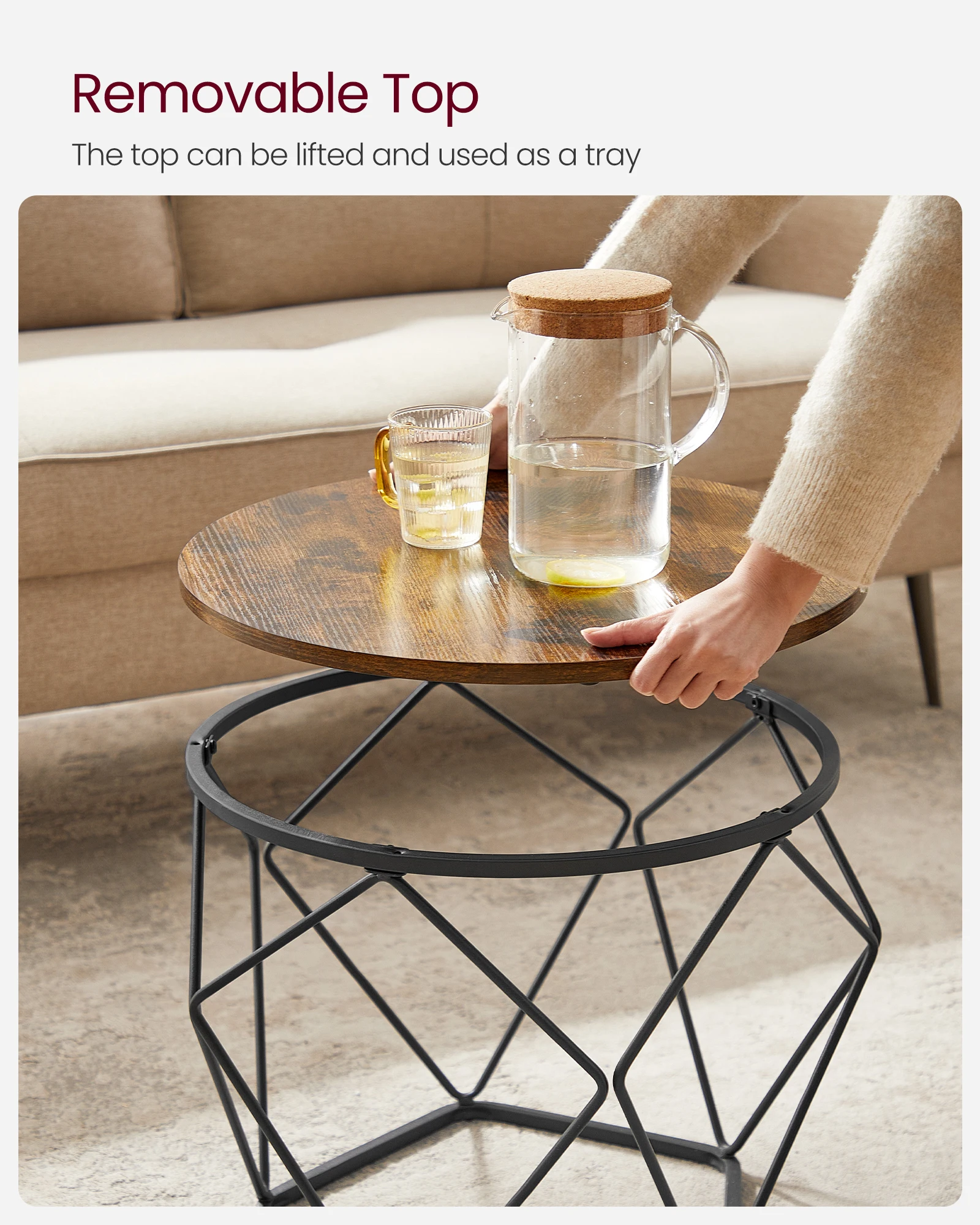VASAGLE Round Coffee Table, Set of 2, Side Table, Sofa End, Modern Style, Removable Top, Steel Frame, for Living Room