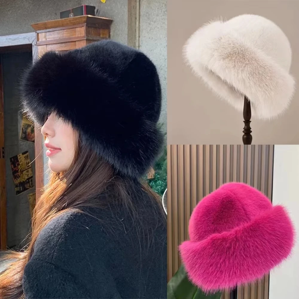 Cappello invernale da donna caldo Cappello da pescatore in pelliccia soffice per donna Cappello da pescatore in peluche Addensare il freddo Giorno innevato Panama Cap