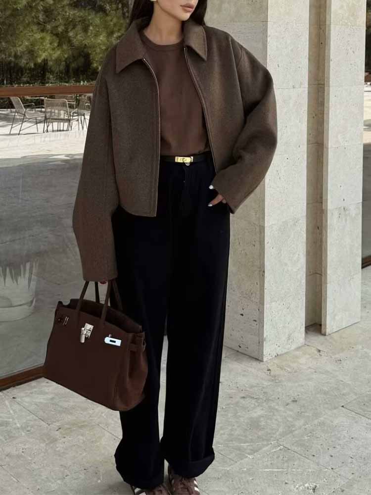 Herfst En Winter Mode Revers Lange Mouwen Rits Wollen Jas 2024 Europese En Amerikaanse Losse Casual Jas