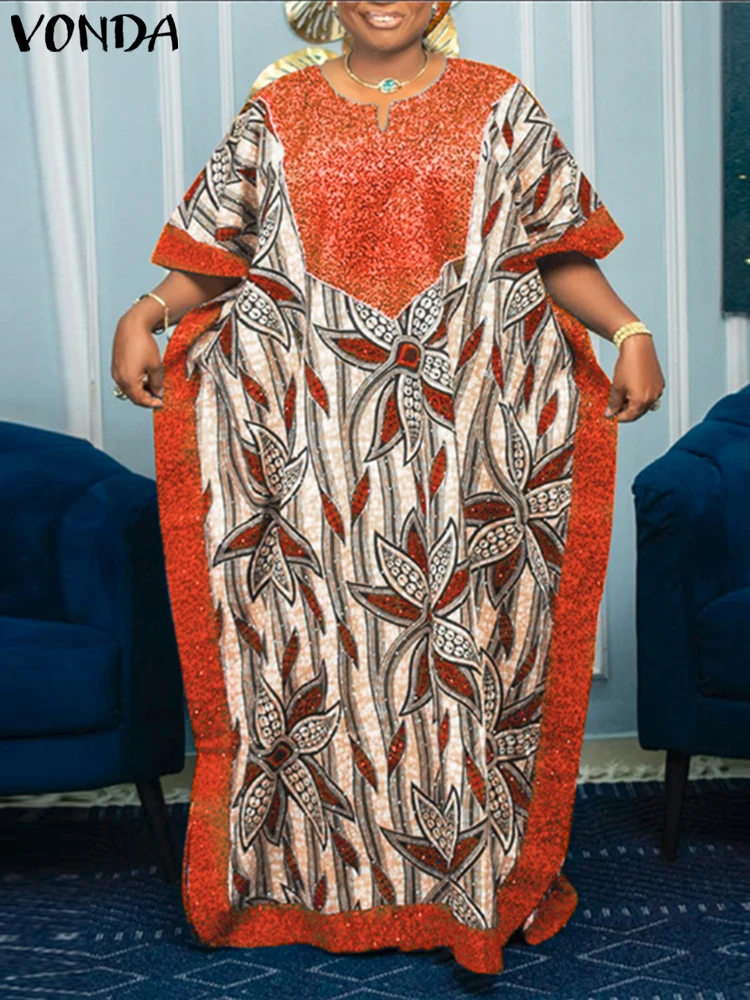 Plus Size Jurken 2025, Vrouw Zomer Zonnejurk Afdrukken Boheemse Vestidos Vintage V-hals Vleermuismouwen Gewaad Oversized
