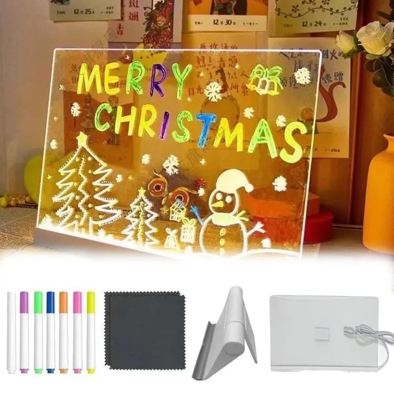 Light Up Acrylic Message Board Rewritable DIY Children's Glowing Drawing Board Message Lamp With 7 Colorful Pens