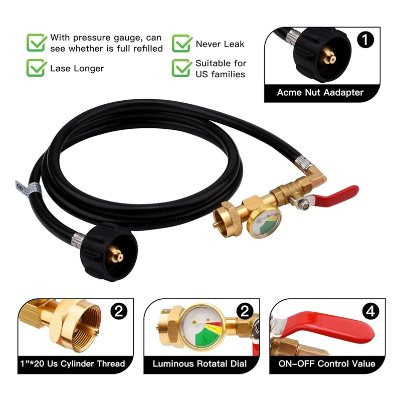 HRBAJ-36 Inci Selang Adaptor Isi Ulang Propana, Panggangan Berkemah Tekanan Tinggi (Inlet QCC/Tipe 1) Konektor Adaptor Tangki Bensin Propana 1LB