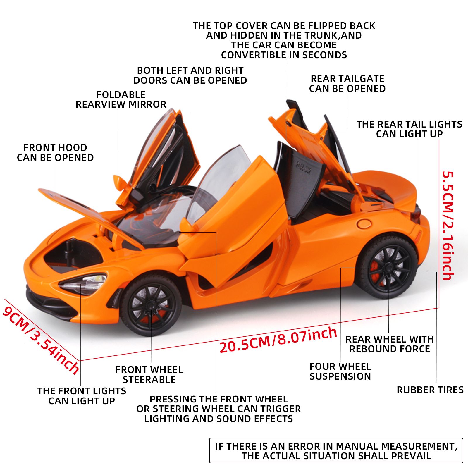 Modelo de carro esportivo de liga 1: 24 720S com quatro rodas e função de absorção de choque, adequado como presente de feriado para crianças