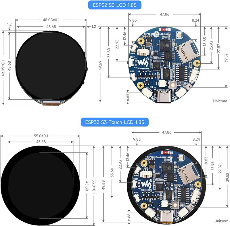 Waveshare ESP32-S3 Placa de desarrollo de pantalla LCD redonda IPS TFT de 1,85 pulgadas 360x360 compatible con WiFi Bluetooth para LVGL GUI/HMI/Arduino