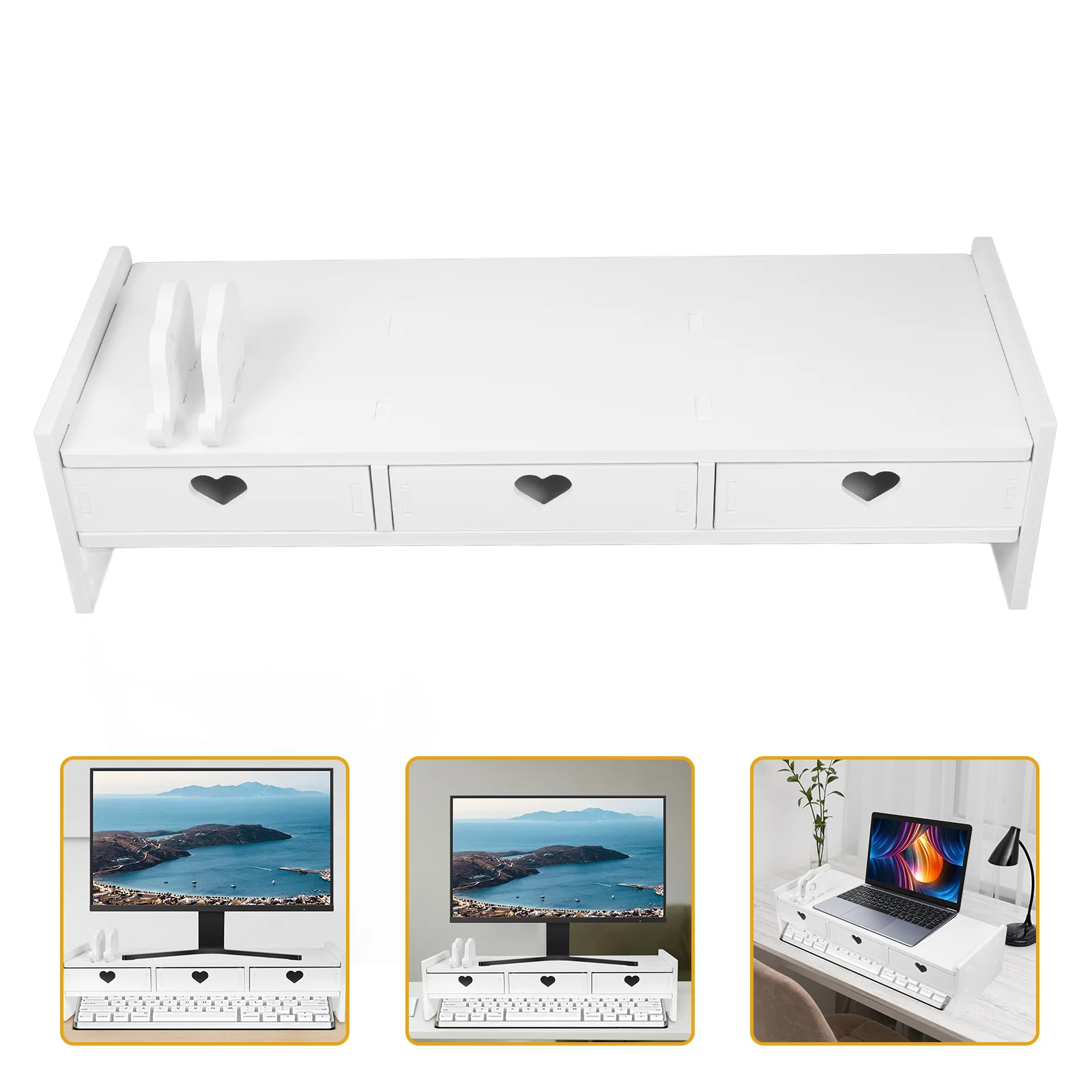 Keyboard Storage Rack Monitor Riser with Drawers PVC Wood Composite Desk Organizer Office Computer Screen Height Adjustable