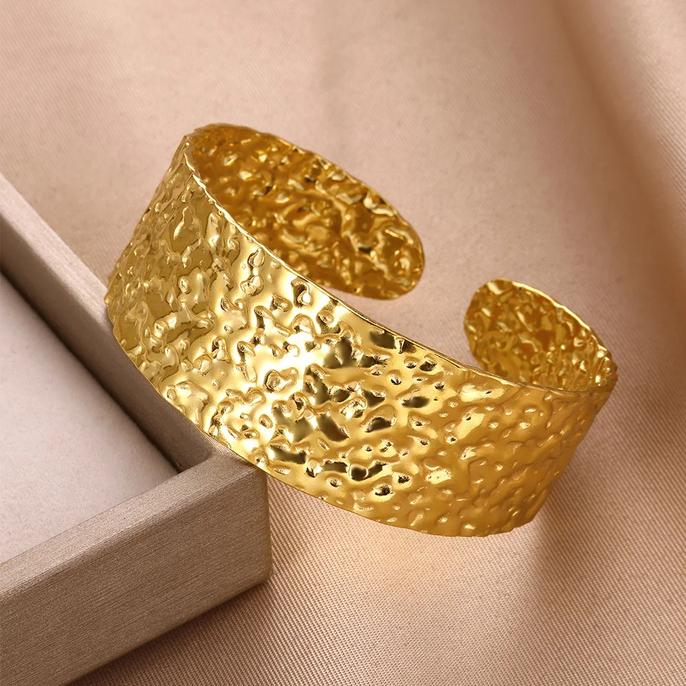 Bracciale rigido in acciaio inossidabile con struttura Vintage per donna colore oro bracciale largo gioielli estetico abbigliamento quotidiano regalo pulsera
