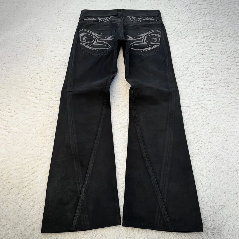 vintage X ray waxing tribal embroidery men's flared jeans Gothic high street unisex punk slim fit jeans Y2K baggy flared jeans