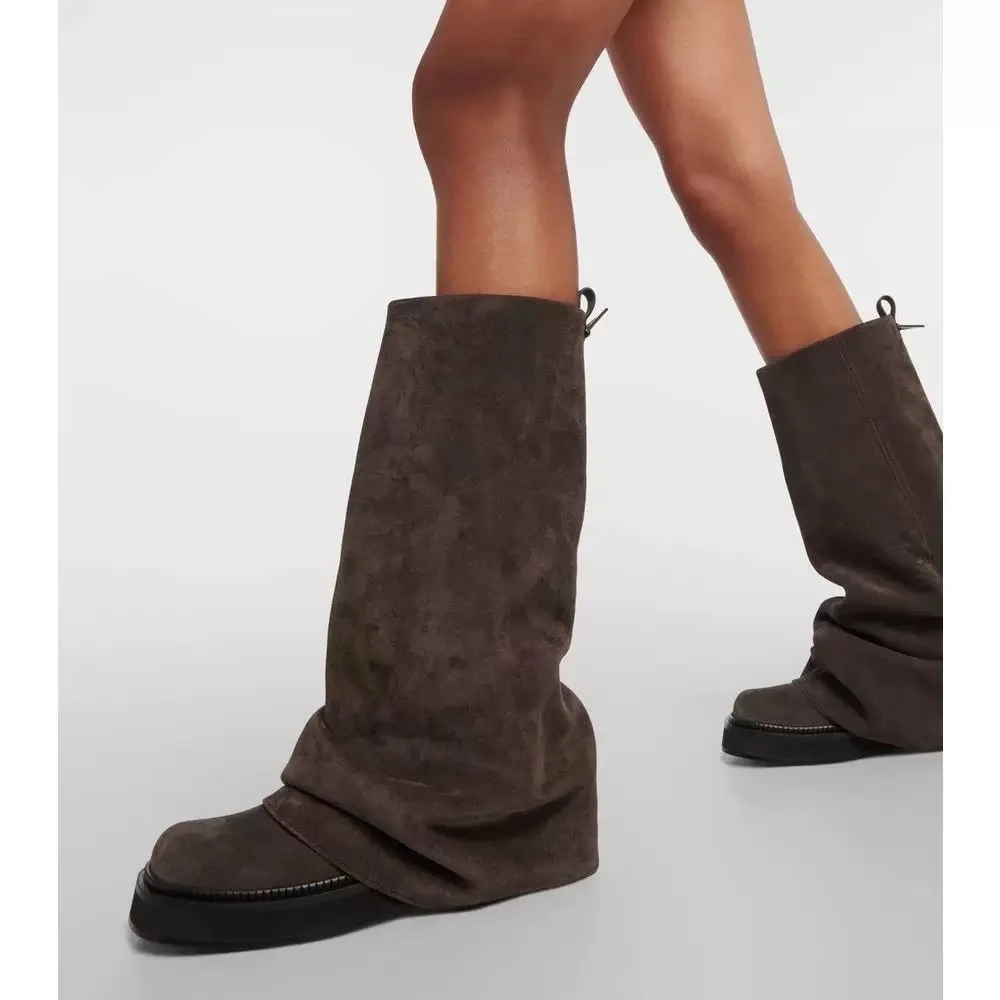 Новые женские осенние и зимние сапоги до колена со плиссированной толстой подошвой, толстым каблуком, повседневные кожаные сапоги на средней подошве, рыцарские сапоги