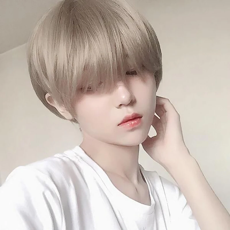 MANWEI ファッション男性ショートウィッグライトイエローブロンド合成かつら前髪男性女性少年コスプレ衣装アニメハロウィン