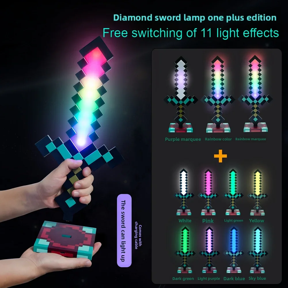 Pixel Art LED-Nachtlicht – Diamant-Schwert- und Taschenlampen-Schlüsselanhänger, USB/Stecker-in-Desktop-Lampe, coole Geschenke für Gaming-Fans, Kinder, Jungen und Mädchen