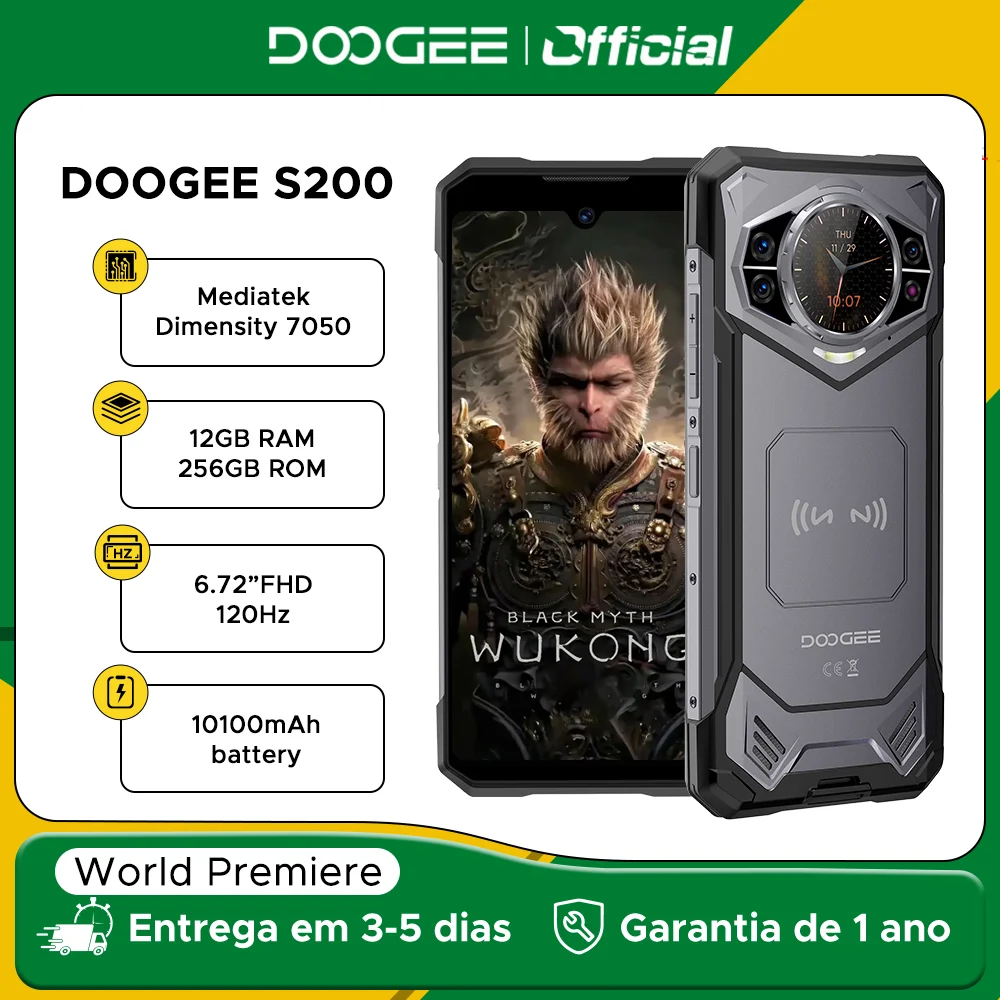 Estreia mundial doogee s200 5g telefone robusto 6.72 "120hz display 12gb ram 256gb rom 100mp ai câmera principal 10100mah android 14 nfc