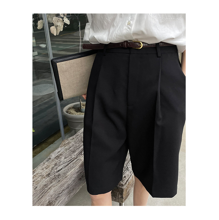 Shorts de perna larga solta de cintura alta feminino com cinto, verão casual