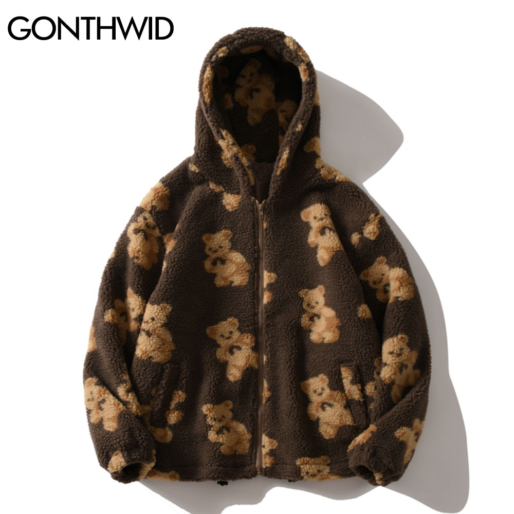 GONTHWID Fleece Mit Kapuze Jacken Streetwear Casual Harajuku Hip Hop Männer Frauen Mode Bär Drucken Full Zip Mit Kapuze Mantel Tops Outwear