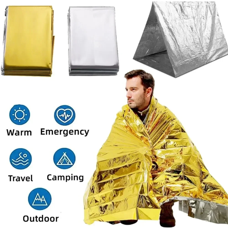Outdoor Survival Emergency Blanket Portable Small Reflective Film Windproof Waterproof Aluminum Foil Blanket Survival Tool