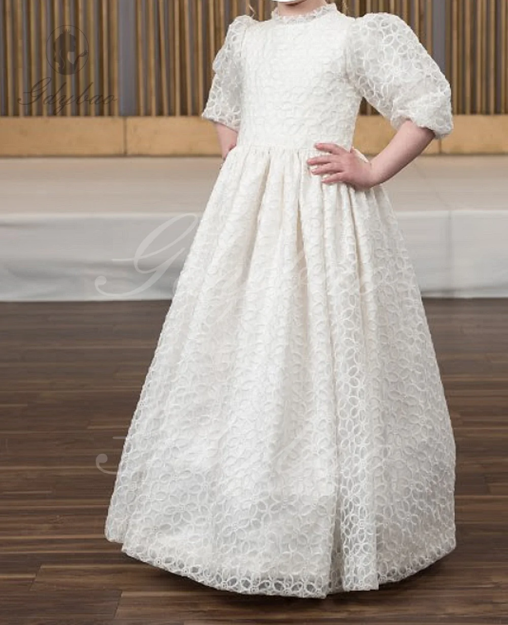 Geschwollene Ballon ärmel Blumen mädchen Kleider für Hochzeit kleine Gänseblümchen Spitze Pricness Party Kleider High Neck Mädchen kommunizieren Kleid