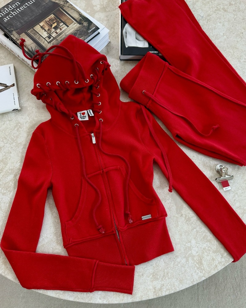 Feminino sólido cordão fitas 2 peça conjunto manga longa zip-up moletom com capuz topos + calças alargamento moda casual fatos de treino