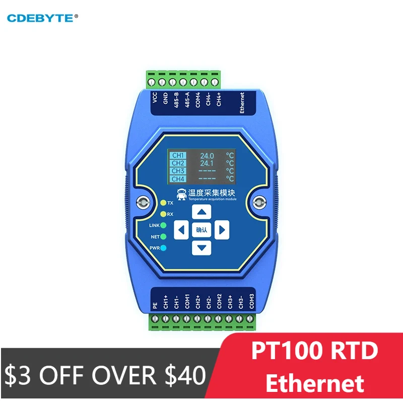 Temperaturerfassungsmodul 4-Wege PT100 RTD Ethernet RS485 mit OLED-Display CDEBYTE ME31-XDXX0400 Unterstützt Modbus