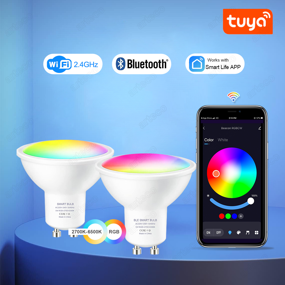 Tuya GU10 LED-Birne WiFi/Bluetooth RGB+CW+WW Dimmbar 5W 220V Bombillas LED-Lampe, Smart Life APP-Steuerlicht, GU10 LED-Strahler