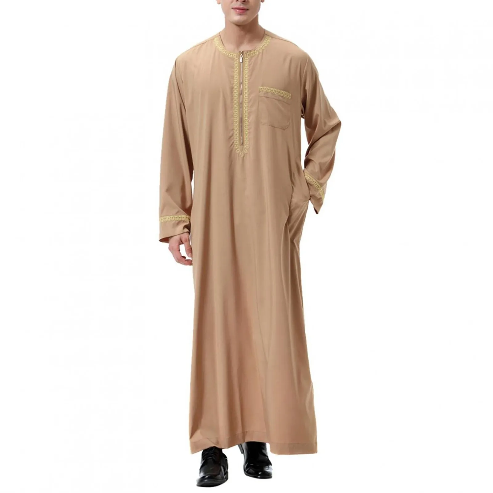 Traditionelle muslimische Kleidung Männer muslimisches Hemd Robe Stickerei islamische Könige Dubai Robe O-Ausschnitt Langarm Retro lose Abaya