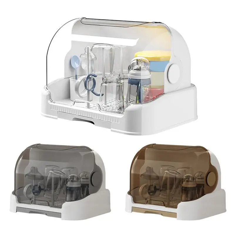 Tragbarer Wäscheständer und Organizer für Babyflaschen – staubdichter Aufbewahrungsbehälter mit abnehmbarem Abtropfschale, hygienisches Fütterungszubehör