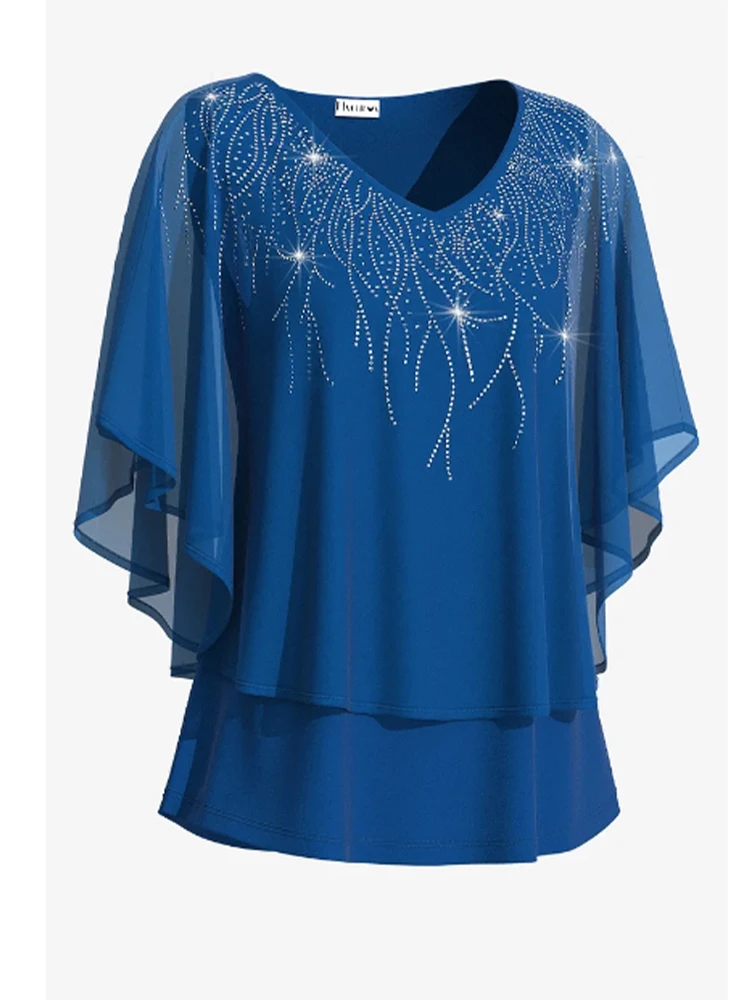 Camiseta feminina plus size manga curta chiffon com decote em v brilhante em camadas soltas moda casual verão camiseta top roupas femininas