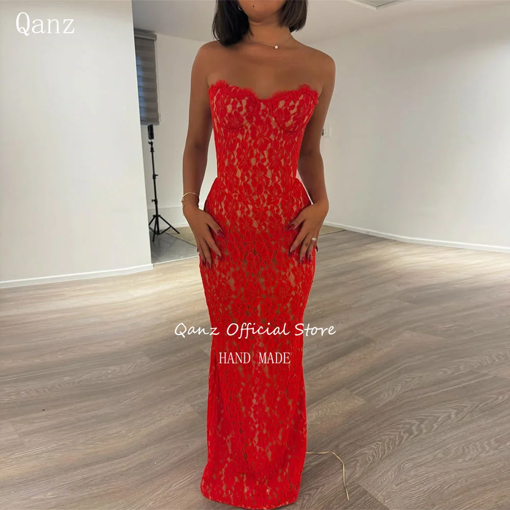 Qanz красные кружевные аппликации Robes De Soirée Sweethert без рукавов платья русалки для выпускного вечера корсет сзади вечерние платья женские по индивидуальному заказу