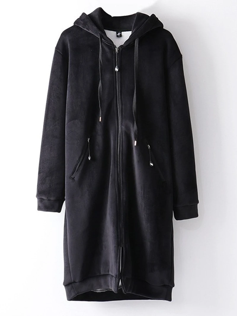 Nueva chaqueta de terciopelo de largo medio con cremallera para mujer, cárdigan holgado y versátil con capucha, abrigo grueso negro para estudiantes para primavera y otoño