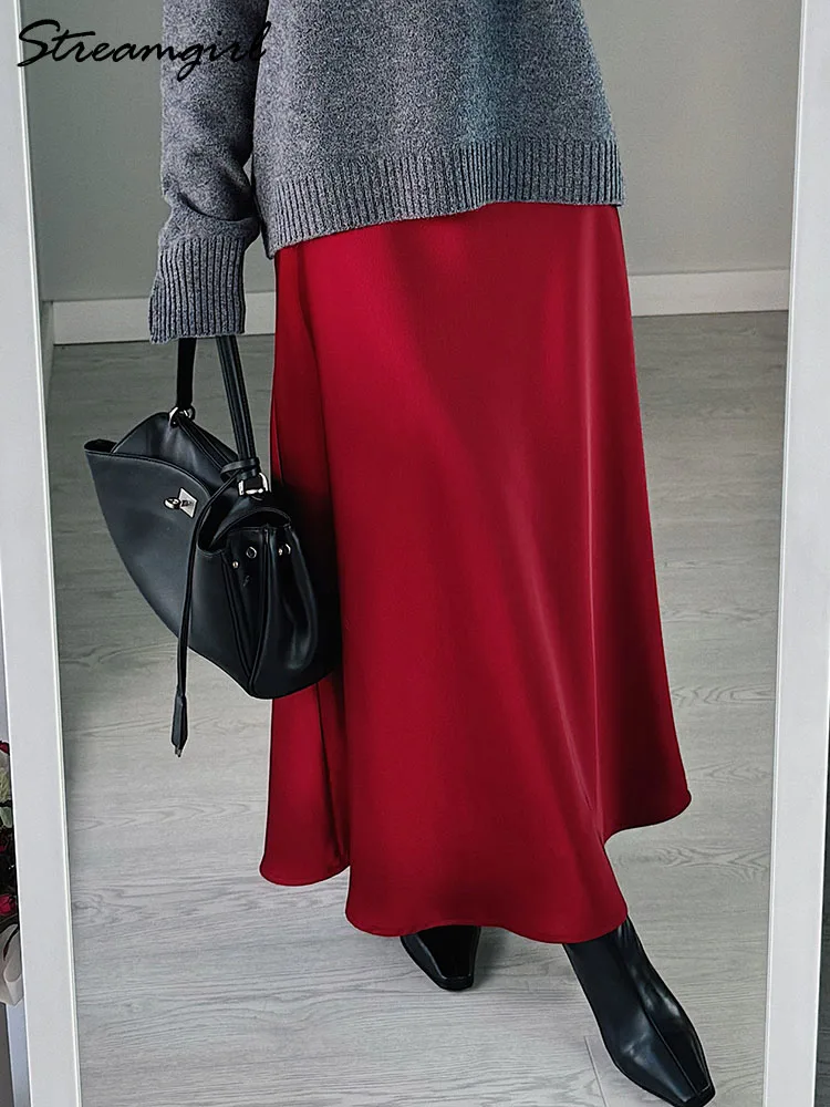 Gonne lunghe in raso marrone da donna per lavoro primavera autunno gonna nera dritta gonna lunga in seta lucida formale caffè per donna